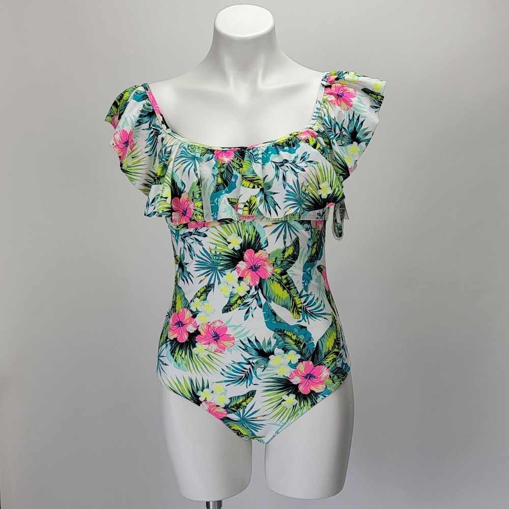 Arizona Jean Co Womens Tropical Floral Ruffle One Piece Swimsuit‎ M